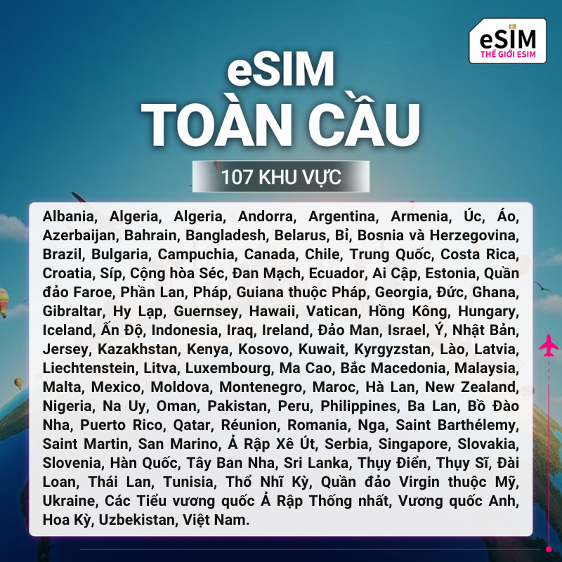 Hình 2 - eSIM eSIM Toàn cầu 107 khu vực | 4G/5G | Gói Data hằng ngày/ Tổng Data 500MB - 30GB | 01 - 60 ngày | Mã QR